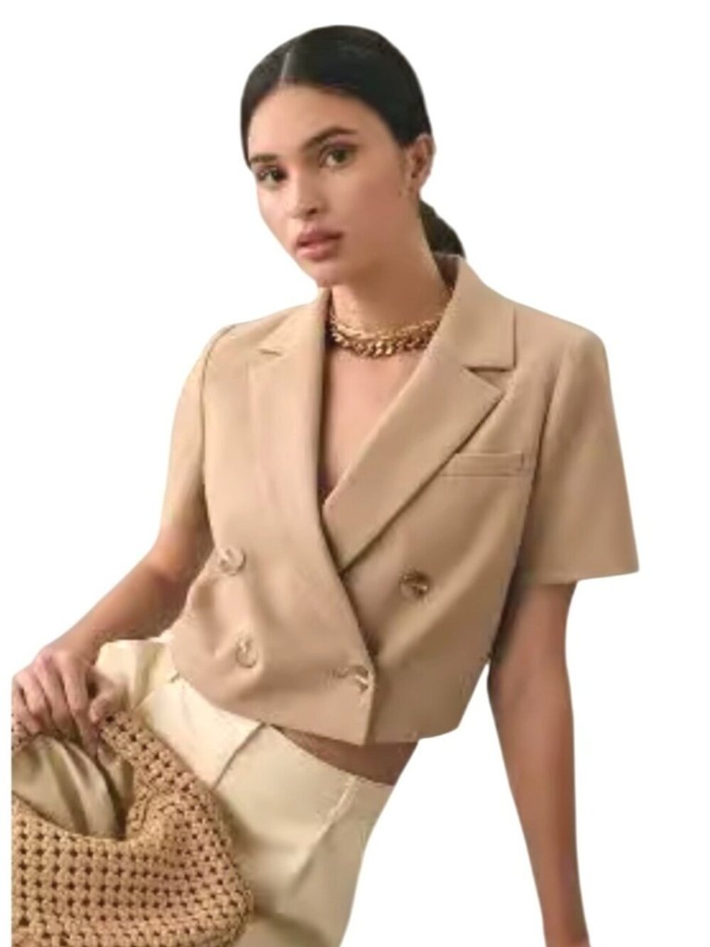 Anthropologie Maeve Beige Double-Breasted Cropped Blazer Short Sleeve Size US 14